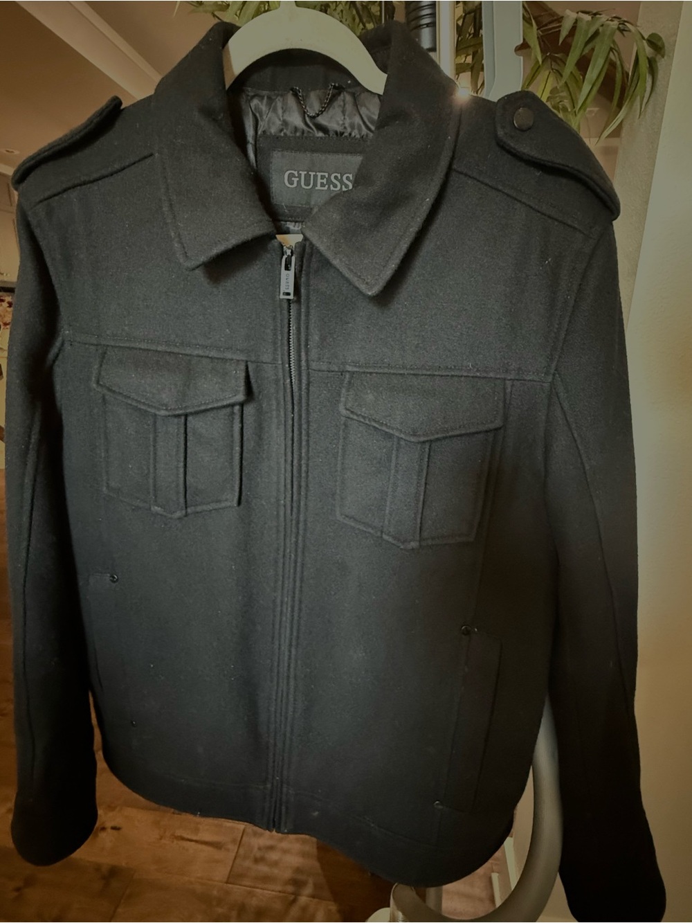 GUESS Black Military-Style Wool Blend Jacket with Epaulettes